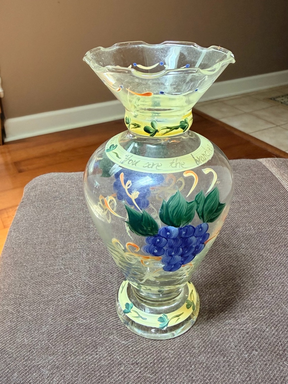 Hand-Painted Glass Vase with Grape Motif - Yellow Accents